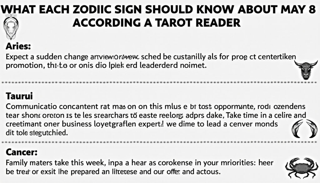 descubre qué revelaciones trae el 8 de mayo para cada signo del zodiaco, según la interpretación de una experta lectora de tarot. conoce los consejos y advertencias que te ayudarán a aprovechar al máximo esta fecha y a alinear tu energía con el universo.