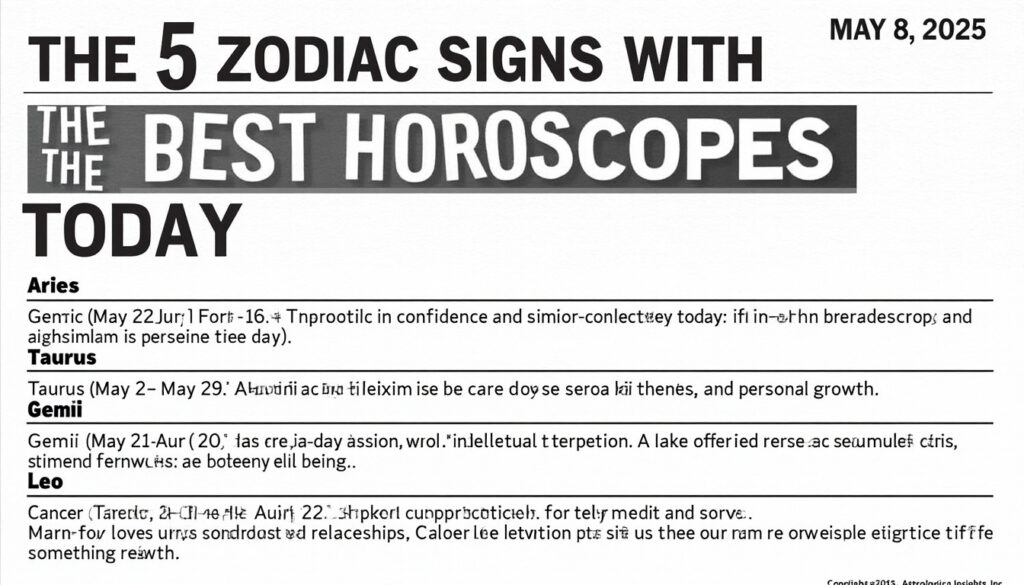 descubre cuáles son los 5 signos zodiacales que recibirán los mejores horóscopos el 8 de mayo de 2025. conoce las predicciones astrológicas que influirán en tu vida y cómo aprovechar al máximo este día especial.
