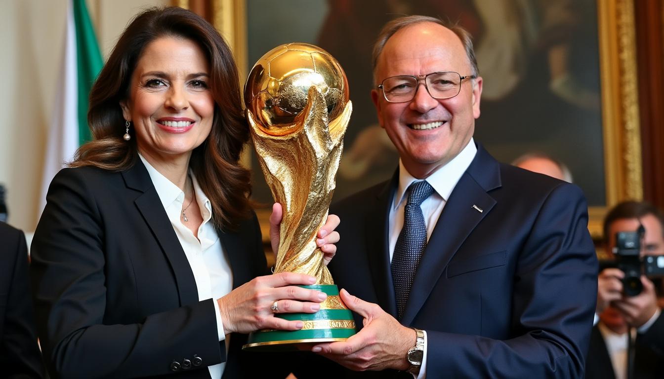 claudia sheinbaum recibió la copa del mundo de la fifa de manos de gianni infantino en el palacio nacional, destacando el importante papel de méxico como próximo anfitrión del torneo mundial de fútbol.