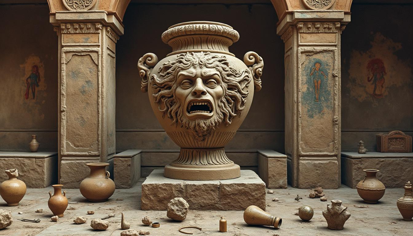 arqueólogos hallan una urna adornada con el relieve de medusa en la necrópolis del palazzone, revelando misterios sobre los rituales funerarios y las creencias de la antigua cultura etrusca.