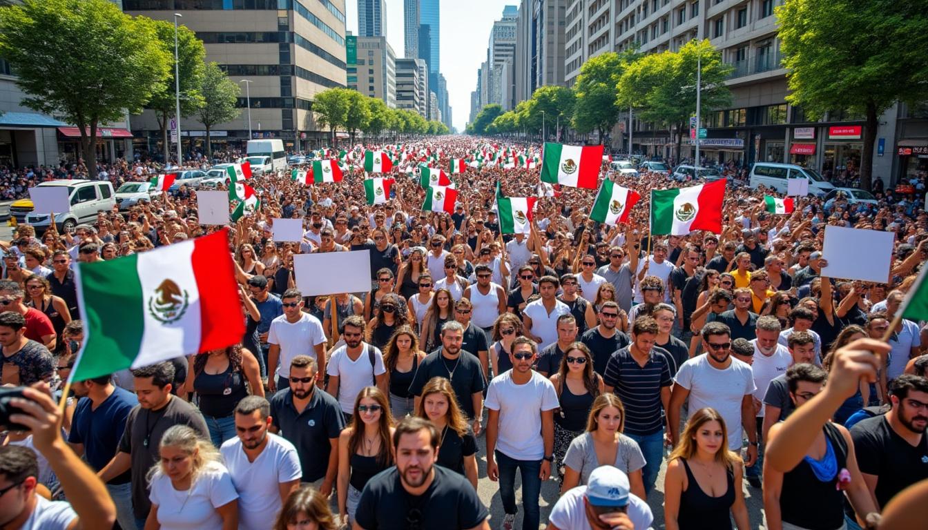 miles de mexicanos se movilizan en todo el país para exigir un alto a la corrupción política y la violencia causada por el narcotráfico, buscando justicia y cambio.