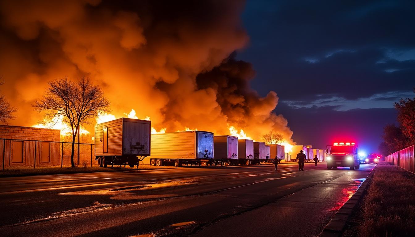 un incendio devastador consume un depósito de tráileres en escobedo, causando daños significativos y movilizando a los cuerpos de emergencia.