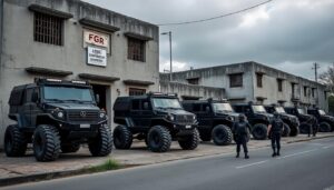 vehículos blindados 'monstruo' son trasladados a la pensión de la fgr en culiacán, asegurando evidencia en una operación reciente.
