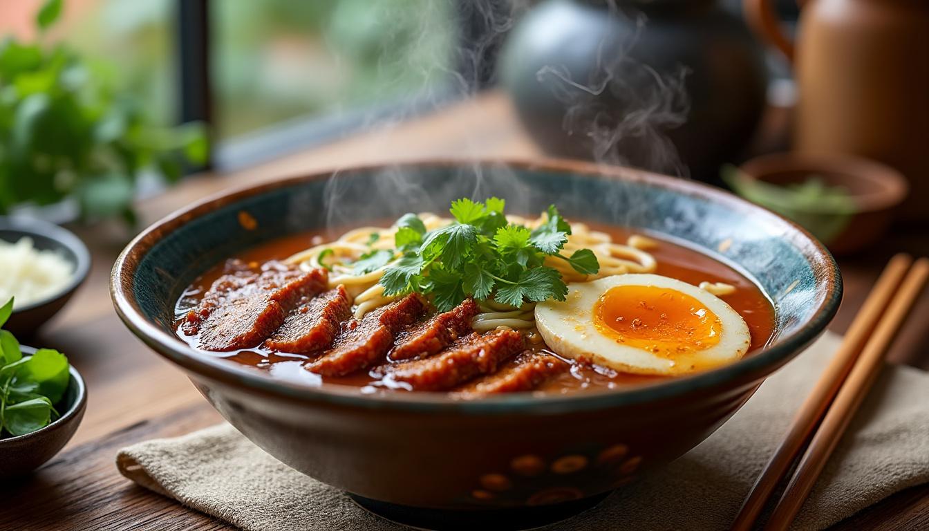 disfruta en atenas la exquisita sencillez del birria ramen de kique, una fusión única que deleita tus sentidos con sabores auténticos y tradicionales.