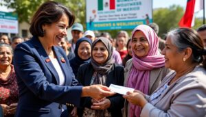 la presidenta de méxico entrega tarjetas de pensión para apoyar a las mujeres en bienestar, promoviendo la inclusión y el bienestar social.