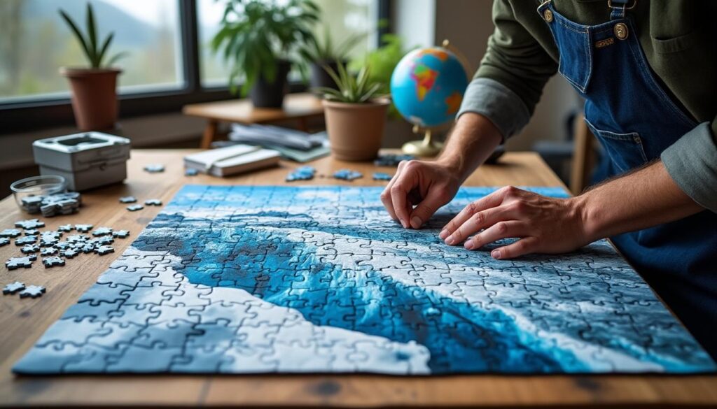 lazkano crea un rompecabezas de 3.000 piezas inspirado en el mer de glace para sensibilizar sobre la crisis ambiental y fomentar la reflexión ecológica.