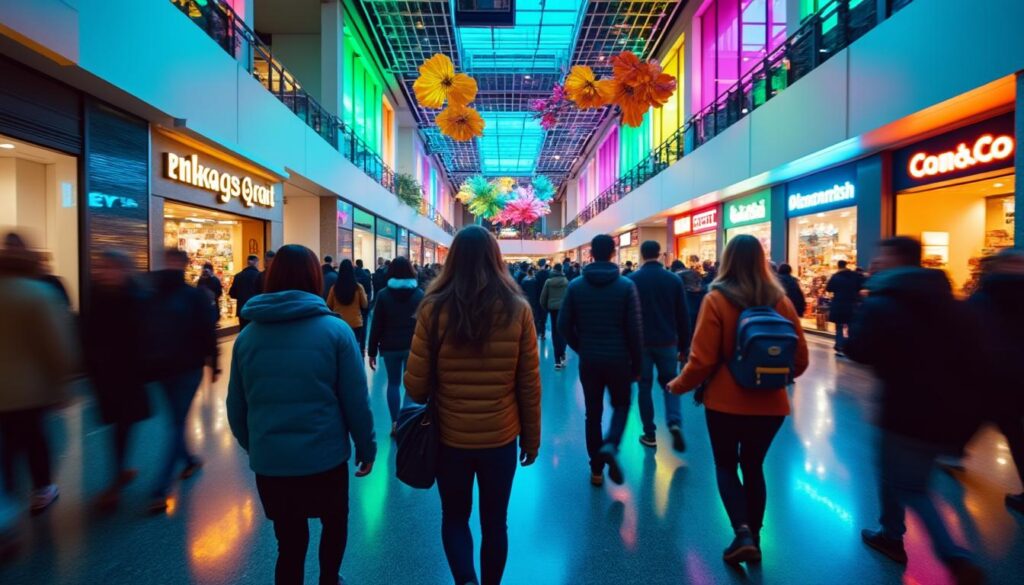 un grupo vibrante de caminantes en el centro comercial de portland que llena cada paso con energía neón y estilo único.