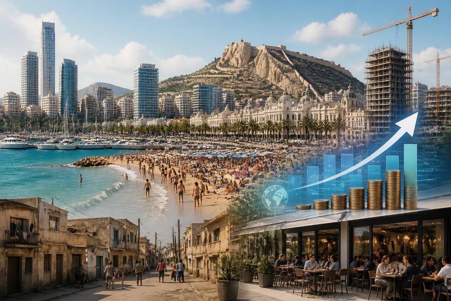 alicante supera los dos millones de habitantes, mostrando crecimiento en pib y turismo, aunque se mantiene en el puesto 45 en riqueza provincial.