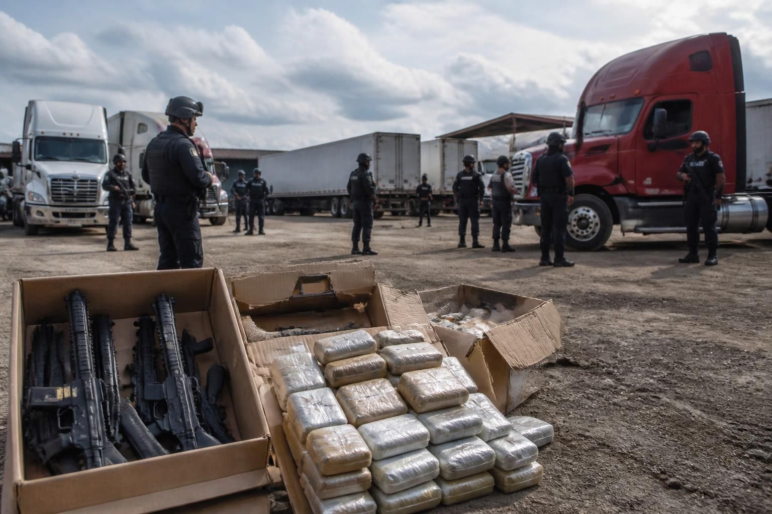 autoridades en chiapas incautan 108 armas y cocaína en un depósito de trailers en tapachula, reforzando la lucha contra el crimen organizado en la región.