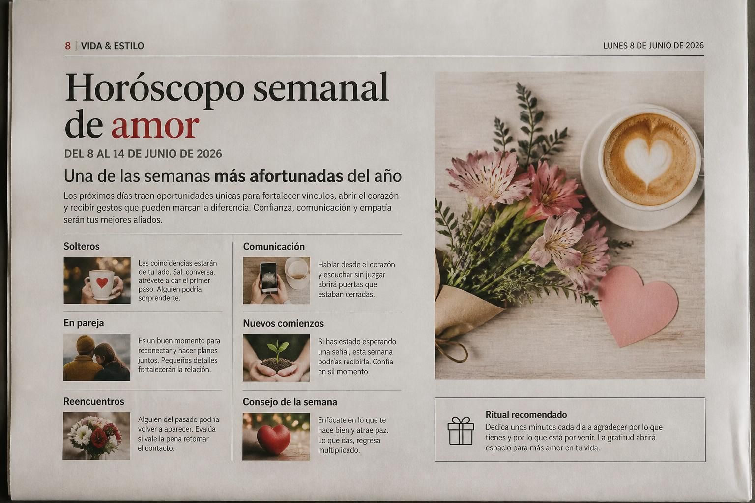 descubre tu horóscopo semanal de amor para el 8 de junio de 2026 y prepárate para una de las semanas más afortunadas del año. ¡no te pierdas las predicciones que cambiarán tu vida amorosa!