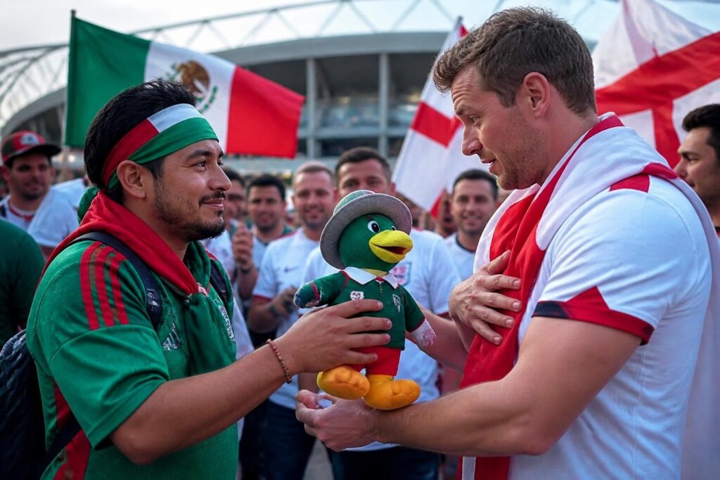 un aficionado mexicano muestra un hermoso gesto de amistad al regalar su peluche de merlin el pato a un hincha inglés, simbolizando la unión y el respeto entre fans del fútbol.