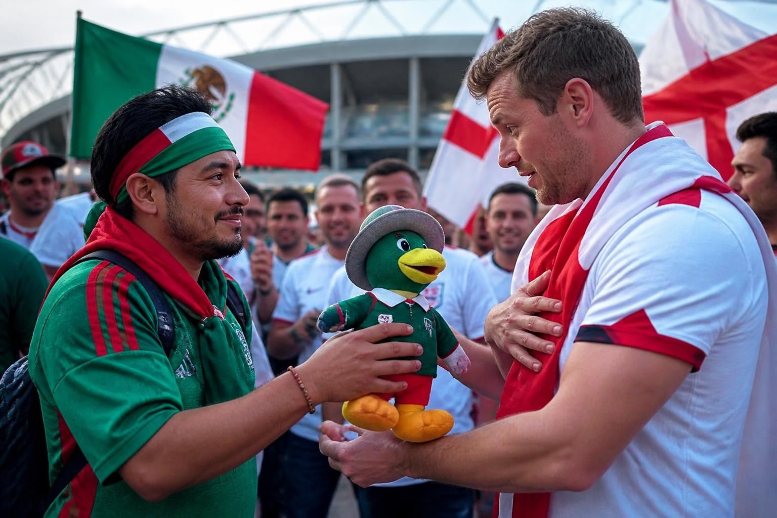 un aficionado mexicano muestra un hermoso gesto de amistad al regalar su peluche de merlin el pato a un hincha inglés, simbolizando la unión y el respeto entre fans del fútbol.