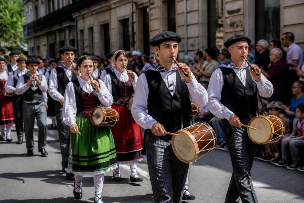 disfruta de un desfile vibrante de txistularis en excelente compañía, celebrando la música y la tradición vasca con alegría y entusiasmo.