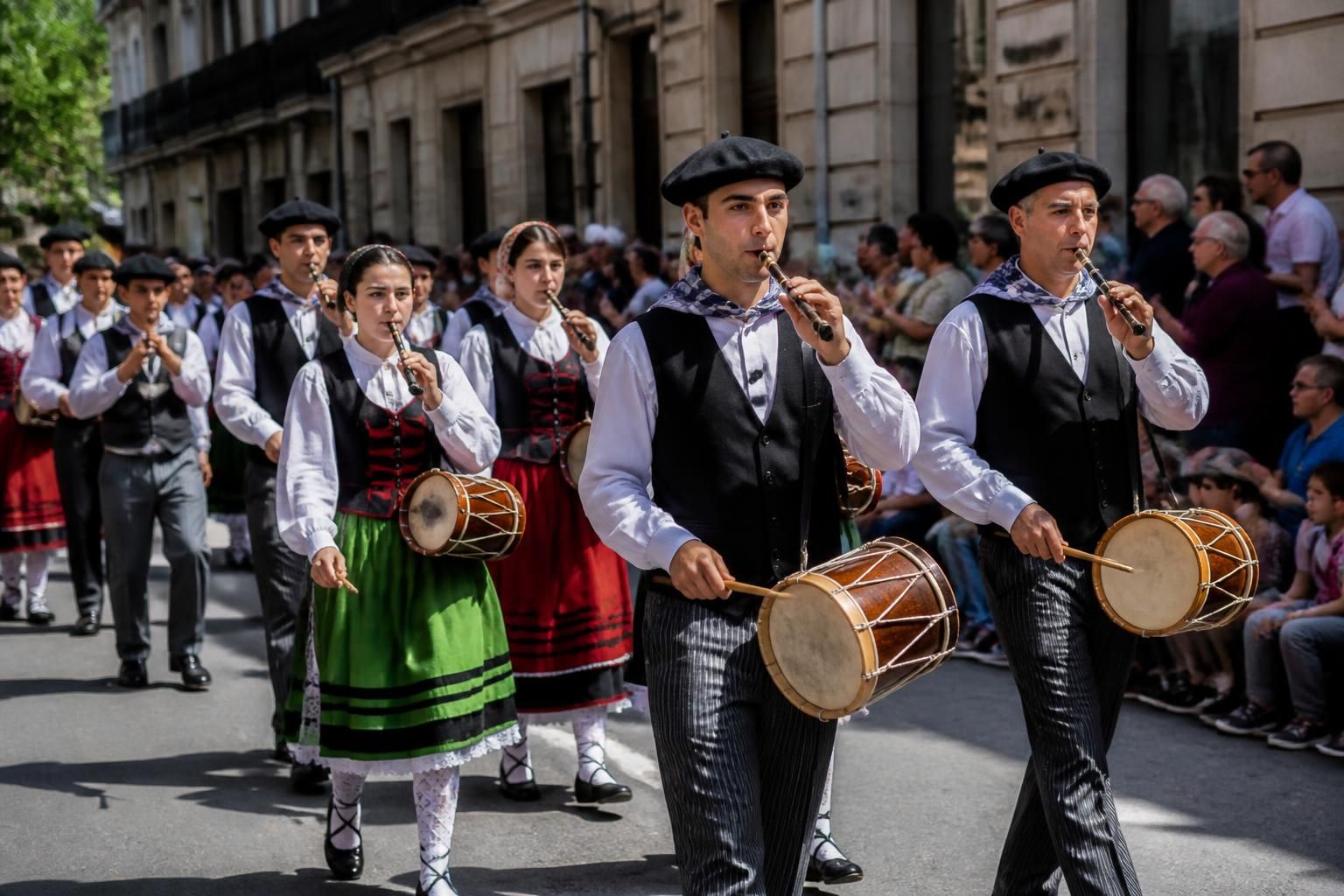 disfruta de un desfile vibrante de txistularis en excelente compañía, celebrando la música y la tradición vasca con alegría y entusiasmo.