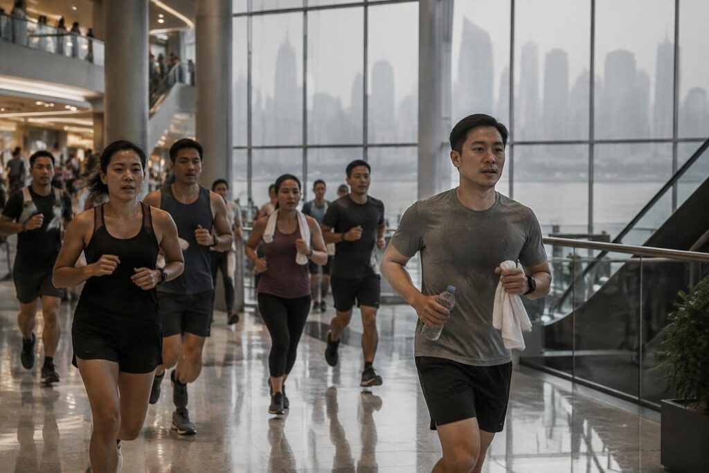 la contaminación obliga a los corredores de singapur a trasladar sus entrenamientos a centros comerciales para evitar la bruma.