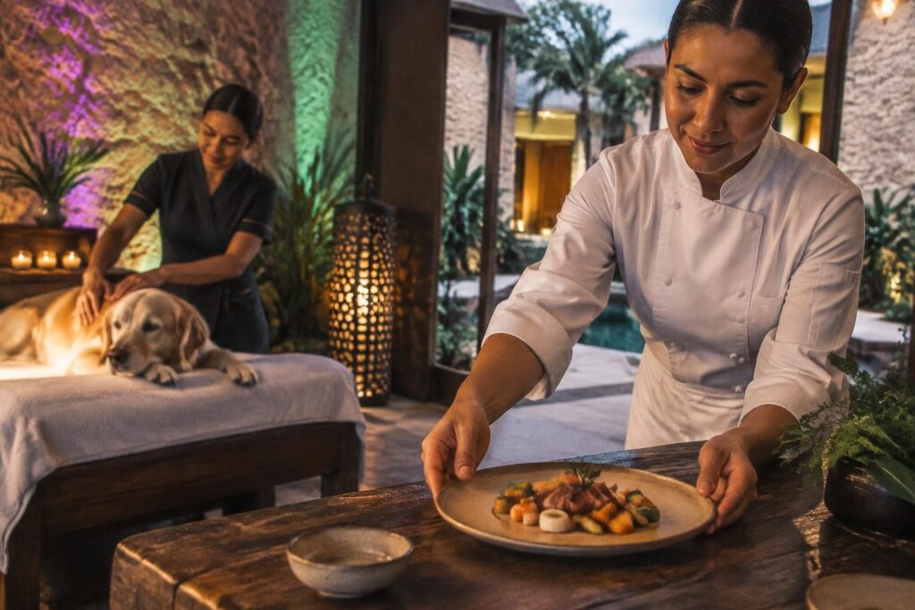 un hotel de lujo en méxico ofrece a los perros masajes de cromoterapia y cenas creadas por chefs para una experiencia de bienestar única.